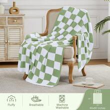 Downluxe Checkered Blanket Twin Size, 60x80 Inch Warm Lightweight Comfy Knitted Blanket, Ultra Cozy Twin For Bed/Sofa/Camping/Picnic (Sage Green) - 藍色 - 查看 3