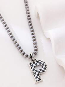 1pc Western Country Style Vintage Textured CCB Multicolor Leopard Print Black & White Plaid 26 Letter Minimalist Pendant Necklace, Sweater Chain
