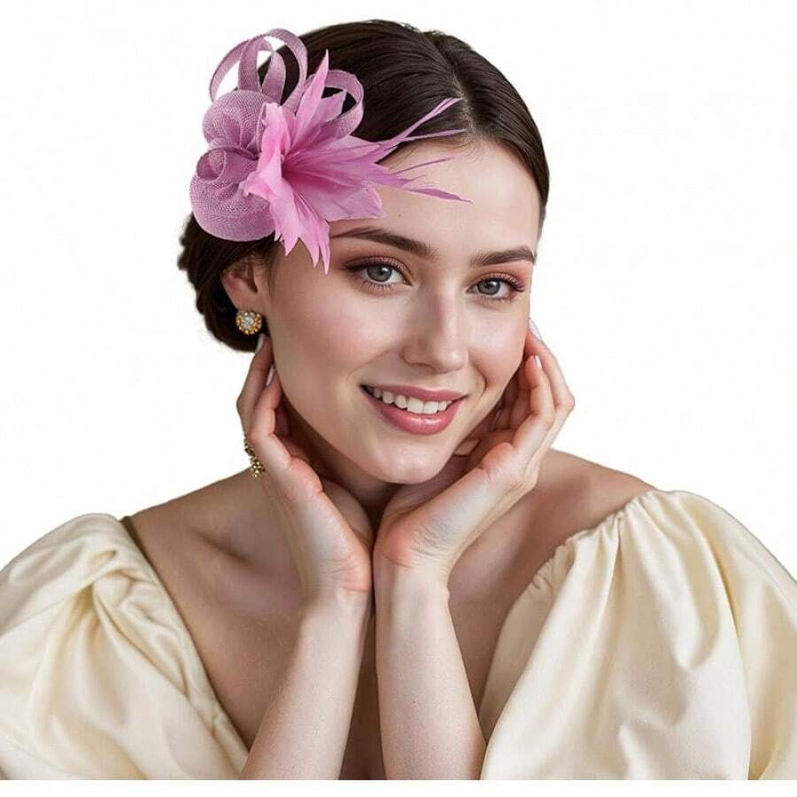 Fascinators Hats Women,Tea Party Fascinator Hair Clip With Feathers Wedding,Derby Hats Headbands - Ha9582-粉紅色 - 查看 1