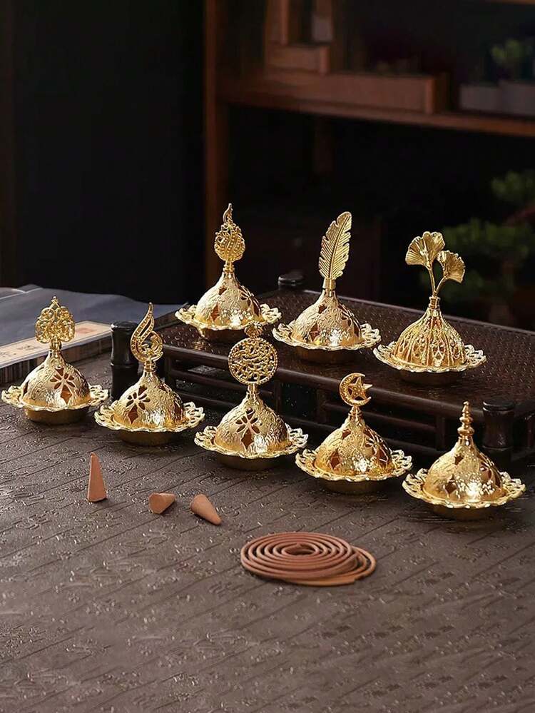 金属材质镀金制作迷你家用香薰炉装饰香炉，适用于节日庆祝、卧室、书房、瑜伽等。 - 金色 - 查看 1