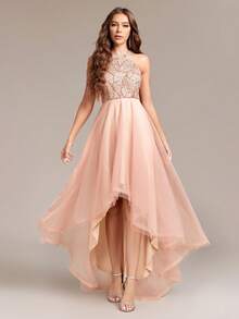 Sequin Patchwork Asymmetric Hem Elegant Women's Formal Dress, Ball Gown, Wedding Guest Dress, Graduation Ceremony, Evening Gown Party - 玫瑰金 - 查看 3