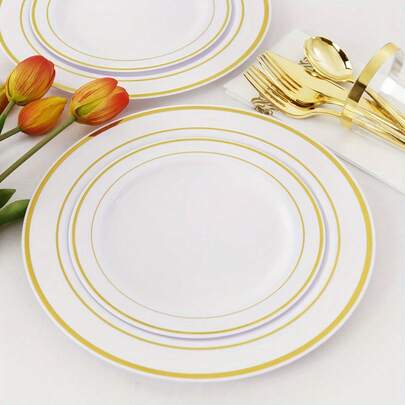 20pcs 7.5inch/10.25inch High-Quality Plates - Modern Minimalist Silver Rim Round Plates, Elegant Plates For Wedding Desserts, Appetizers, Suitable For Weddings, Parties, Restaurants, Gatherings