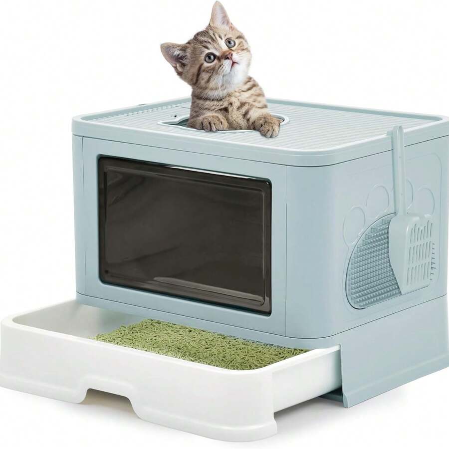 Foldable Cat Litter Box – Extra Large Space – Cat Litter Box House – Pink/Blue/Gray - Màu xanh lam - Xem 1