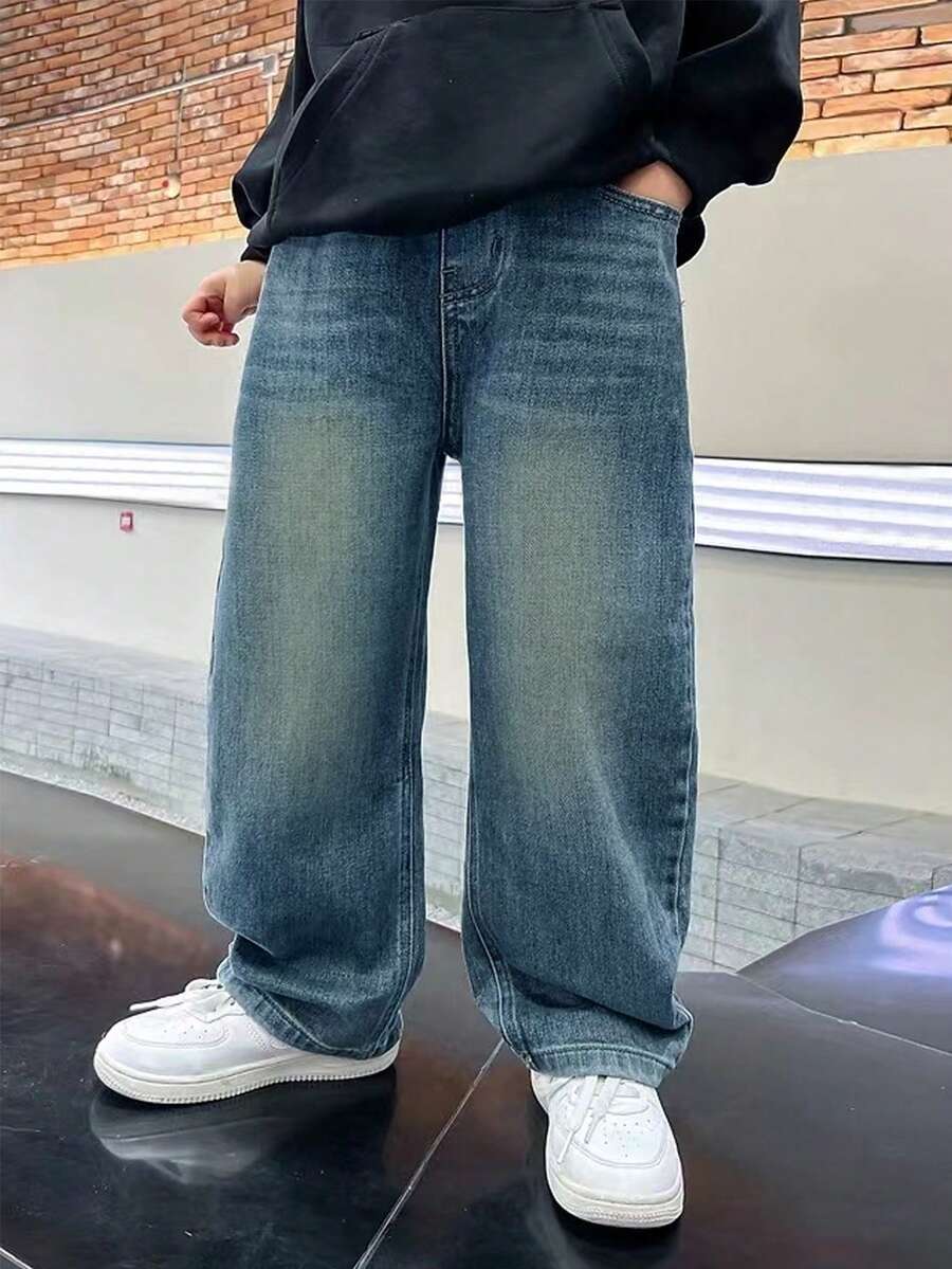 直筒宽松休闲牛仔裤,适合青少年男孩/大龄青少年男孩,水洗牛仔长裤,简约时尚 - 淺色水洗藍 - 查看 1