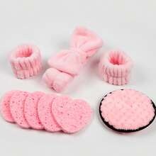 4 piezas Almohadillas de algodón de pulpa de madera para limpieza facial, diadema, muñequera, borla desmaquillante de terciopelo doble, maquillaje de belleza