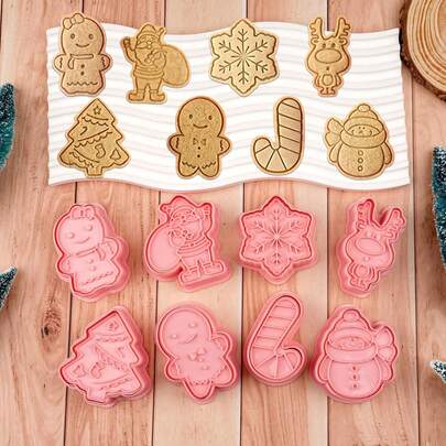 8 Stücke Weihnachts-Ausstechformen Set, Kunststoff Weihnachts-Ausstecher zum Backen, 3D Prägbare Weihnachts-Keks-Ausstecher - Lebkuchenmännchen, Rentier, Schneemann, Zuckerstange, Schneeflocke, Weihnachtsbaum, Weihnachtsmann für Kekse backen und Weihnachtsdekoration