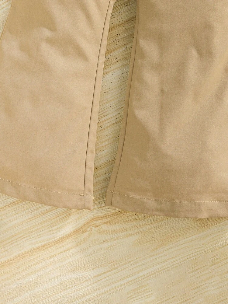 مجموعة رسمية من قطعتين للبنات للربيع/الخريف، تتكون من ملابس علوية كم طويل مزينة بالدانتيل مع حزام مزهر وبنطلون واسع - كاكي - مشاهدة 7