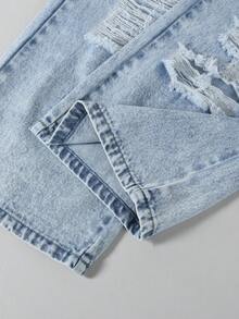 2pcs/Set Girls Casual Everyday Butterfly Jacquard Top And Distressed Light Wash Denim Jeans Pants