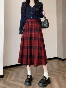 Plaid Casual Pleated High Waist Women's Skirt, Suitable For Daily Life, Photography, All Seasons - Red - View 3