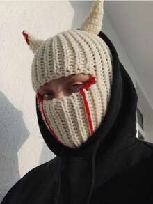 Mặt nạ che kín mặt hình sừng quỷ đan len màu đỏ, mũ trùm đầu móc len thời trang, mũ đội đầu ấm áp mùa đông, phụ kiện cosplay độc đáo, bảo vệ khỏi cái lạnh dành cho cả nam và nữ. - A - Xem 6