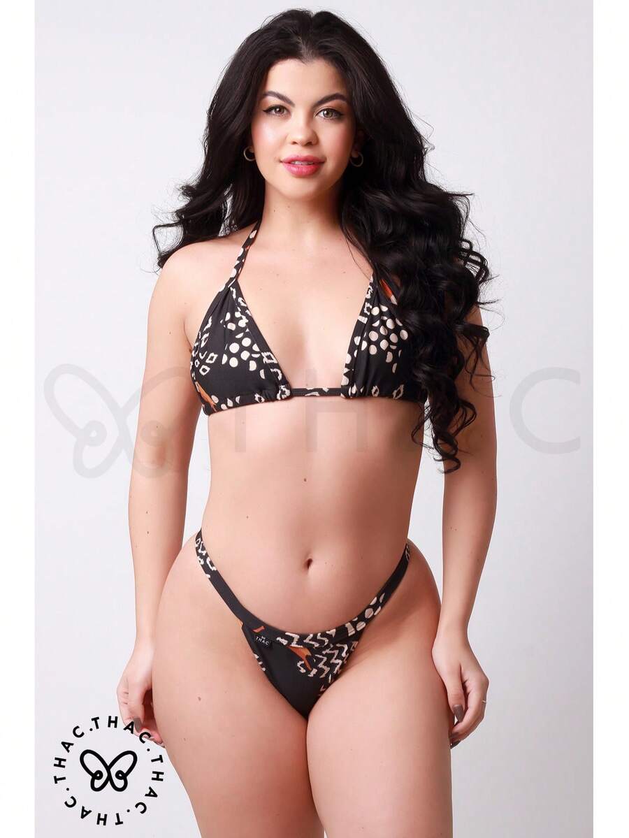 Suplex Premium Summer Fashion Ribbon Bikini - 黑色印刷廠 - 查看 1