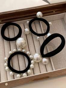 4 件/套 2 英寸黑白仿珍珠发圈，优雅百搭，适合日常佩戴、休闲、派对、通勤、海滩、马尾辫、发髻、洗脸和化妆等发型、时尚配饰、发饰、马尾辫夹、发圈、发绳、弹性发带、居家美容女士配饰礼品、头饰 - 彩色 - 查看 1