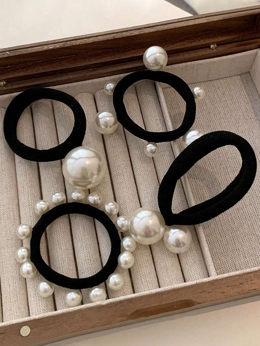 4 件/套 2 英寸黑白仿珍珠发圈，优雅百搭，适合日常佩戴、休闲、派对、通勤、海滩、马尾辫、发髻、洗脸和化妆等发型、时尚配饰、发饰、马尾辫夹、发圈、发绳、弹性发带、居家美容女士配饰礼品、头饰 - 彩色 - 查看 1