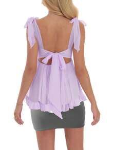Womenacute;S Square Neck Tank Tops Backless Sleeveless Solid Color/Flower Print Ruffle Hem Tie Up Camisoles - Violet - View 2