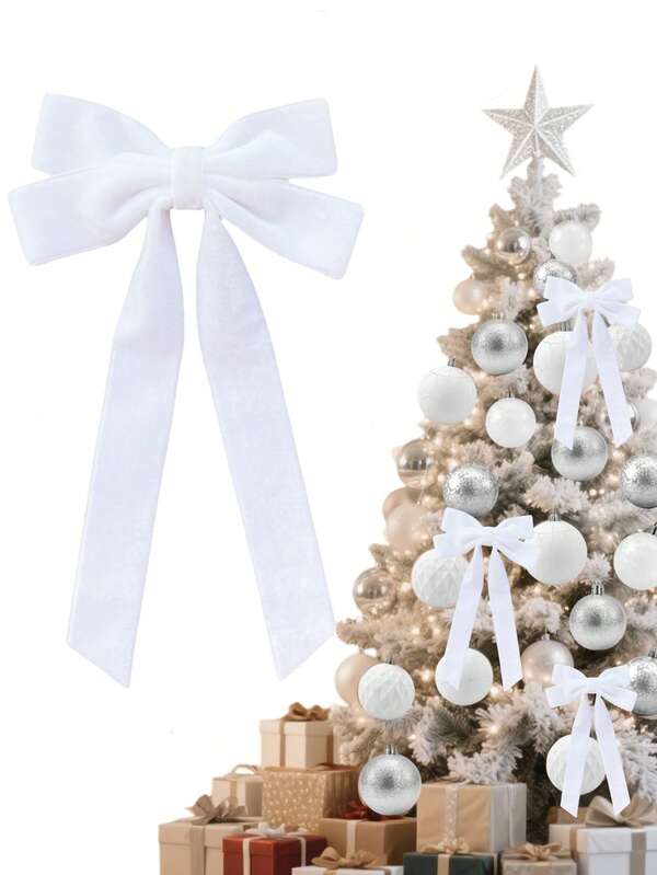 1Pc/3Pcs/6Pcs White Velvet Bows Christmas Tree Decorations,5in X 10in Xmas Ornaments For Tree Home Room Birthday Party Front Door Wedding Holiday Decor