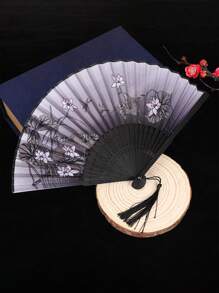 1 件古董折叠竹扇，中式折叠扇，舞蹈扇饰有黑色蝴蝶流苏花卉图案，传统舞蹈扇，手工扇优雅