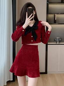 RUIWY 女士时尚淑女蝴蝶结领长袖夹克和迷你裙两件套服装，红色，节日派对 - 紅色 - 查看 7