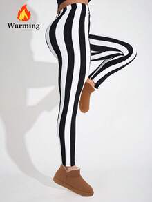 1 Pack Women's Thermal Lined Leggings, Black & White, Fashionable Casual Minimalist Elegant, High Stretch Warm Slimming Skinny Plaid Striped All-Over Print, Suitable For Home, Workout, Yoga, Fitness, Outdoor Walking, Party, Gift