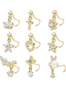 9 PCS Dangle Nose Rings - L Shaped For Women, 20G Stainless Steel Nose Rings Studs With CZ Cross, Crown, Flower, Heart Dangling Piercing Jewelry - Multicolor - View 6