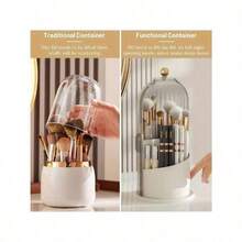 360-Degree Makeup Brush Storage Box With Transparent Cover 360-Degree Rotating Sliding Opening Dust Brush Container, Suitable For Vanity, Bathroom Room