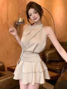 Sleeveless Halter Neck Tank Top & Ruffle Hem Cake Skirt 2 Pieces Set For Women, Summer - Apricot Two Piece Set - View 1