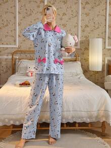 Sanrio 2pcs  Striped Long Sleeve Top And Pants Pajama Set, Cute, Elegant, Romantic, Charming, Casual, Suitable For Spring And Autumn, Fall Clothes - Blue and White - View 4