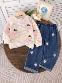 2pcs Young Girls Cute 3D Strawberry Top And Denim Pants Set, Spring/Autumn - Pink - View 1