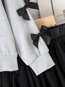 2pcs Girls Elegant Bowknot Long Sleeve Top & Mesh Princess Dress Set, Spring/Autumn