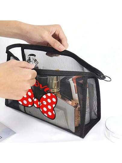 Bolsa de almacenamiento con diseño de lazo de lunares de malla negra, material de nailon transparente, bolsa organizadora de viaje de gran capacidad, puede contener cosméticos, artículos de tocador, papelería y regalos, de moda y conveniente, cierre con cremallera, esencial para viajes, vacaciones, escuela, cruceros, adecuado para mujeres