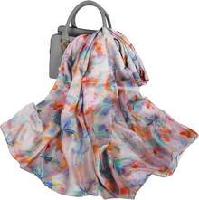 100% Mulberry Silk Scarf For Women Lightweight Long Scarves Beach Wraps Cover Up -Travel Photography Scarfhalloween - 藍色粉紅色蝴蝶 - 查看 7