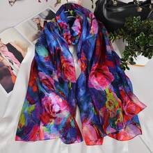 100% Mulberry Silk Scarf For Women Lightweight Long Scarves Beach Wraps Cover Up -Travel Photography Scarfhalloween - Blue Red - 查看 2