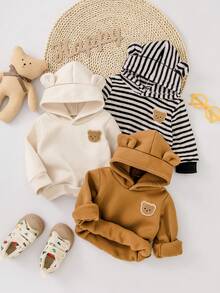 3件套男婴可爱熊图案条纹连帽休闲时尚卫衣，秋冬 - 彩色 - 查看 3