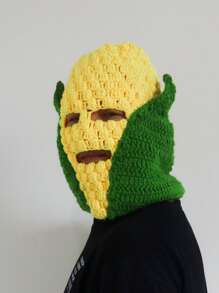 1 Piece Crochet Corn Beanie With Green Leaves & Yellow Corn Pattern - Funny Novelty Masked Hat For Men/Women, Halloween Costume, Winter Headwear, Unique Face Cover