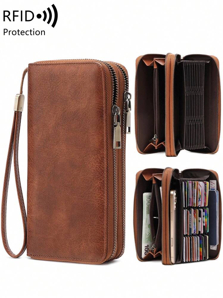 MIYIN Billetera vintage de gran capacidad con doble cremallera, bolso de mano elegante, monedero de muñeca con múltiples ranuras para tarjetas y soporte para teléfono, tarjetero minimalista de unicolor con bloqueo RFID, bolso tote multifuncional para mujer para fiestas, compras, viajes, etc., regalo de cumpleaños, regalo del Día de San Valentín - Multicolor - Añade 20