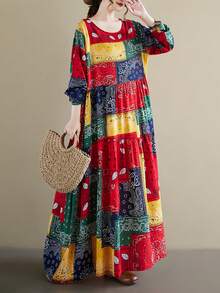 AZAH 上衣2025秋季新款圆领长袖褶皱宽松连衣裙女板裙波西米亚休闲度假沙滩裙打底裙一体裙秋季长裙 - 彩色 - 查看 4