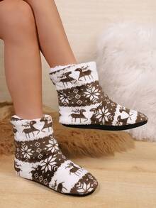 女士平底室内毛绒鹿图案拖鞋，静音鞋底圣诞主题家居拖鞋，适合秋冬季 - 棕色 - 查看 1