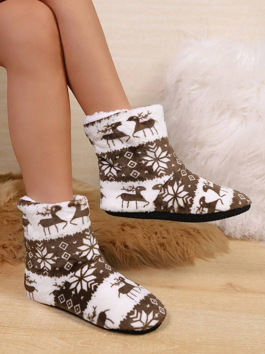 女士平底室内毛绒鹿图案拖鞋，静音鞋底圣诞主题家居拖鞋，适合秋冬季 - 棕色 - 查看 1
