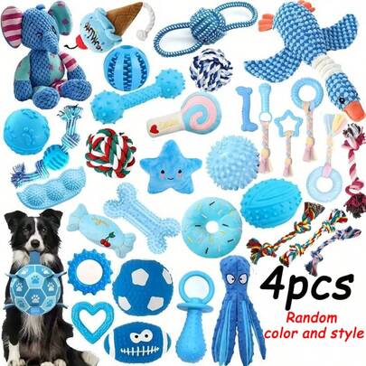 4 件随机颜色和款式毛绒狗玩具组合，狗狗互动咀嚼绳玩具，户外散步拔河宠物用品，咬和咀嚼 TPR 玩具组合