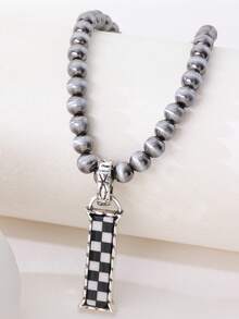 1pc Western Country Style Vintage Textured CCB Multicolor Leopard Print Black & White Plaid 26 Letter Minimalist Pendant Necklace, Sweater Chain