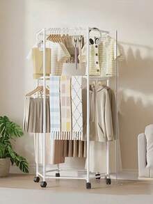 6-Sided Rotating Clothes Rack With Wheels - Sturdy Metal Tube, Freestanding Hanger, Portable Design, Efficient Clothing Storage And Display, Black/White, Laundry Room Organizer | Hexagonal Design | Metal Structure, All-Season Laundry Organizer | Hexagonal Shape - Multicolor - View 8