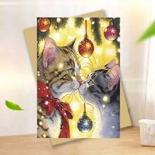 1 pieza Tarjeta de felicitación navideña australiana con sobre, 11cm X 16cm - Diseño encantador de gatos besándose con adornos festivos, ideal para amigos, familia y amantes de los gatos, tarjeta de celebración navideña conmovedora