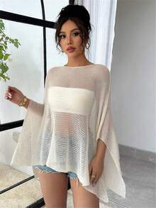Women Sheer Mesh Poncho Top Crochet Knit Lightweight See Through Shawl Wrap Summer Oversized Loose Shrug Beachwear Swimsuit Bikini Cover Ups - 白色 - 查看 8