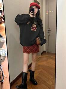 Damen Loose Fit Bären Muster Pullover Sweater mit gemütlicher Weihnachtsstimmung, Langarm gestrickter Rundhals Oberteil für Herbst Winter, für den täglichen Gebrauch, Schule, Outdoor Outfit, Langarm Oberteil, Süß, Schulkleidung