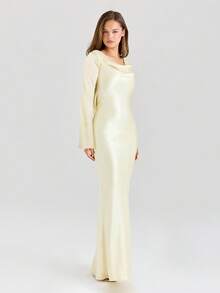优雅垂坠领长袖露背美人鱼裙、鸡尾酒会礼服、婚礼宾客礼服、圣诞礼服 - 奶油黃 - 查看 7