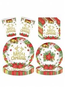 10 Stücke Weihnachts-Teller mit Weihnachts-Elch-Glocken-Kranz Einwegteller Party Zubehör, Weihnachtliche Geschirr-Serie mit Stechpalme beinhaltet: Pappteller, Dessert-Teller, Pappbecher und Servietten, perfekt für fröhliche Weihnachtsfeier Dekoration Neujahr