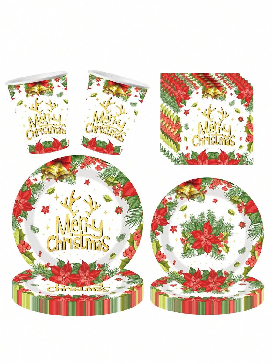 10 Stücke Weihnachts-Teller mit Weihnachts-Elch-Glocken-Kranz Einwegteller Party Zubehör, Weihnachtliche Geschirr-Serie mit Stechpalme beinhaltet: Pappteller, Dessert-Teller, Pappbecher und Servietten, perfekt für fröhliche Weihnachtsfeier Dekoration Neujahr