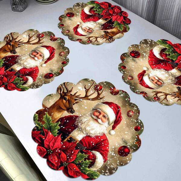 1/4/6 piezas Juego de manteles individuales navideños festivos - Manteles redondos de poliéster con diseño de Papá Noel y renos, tejidos, antideslizantes, lavables a mano, duraderos para comidas navideñas y decoración del hogar