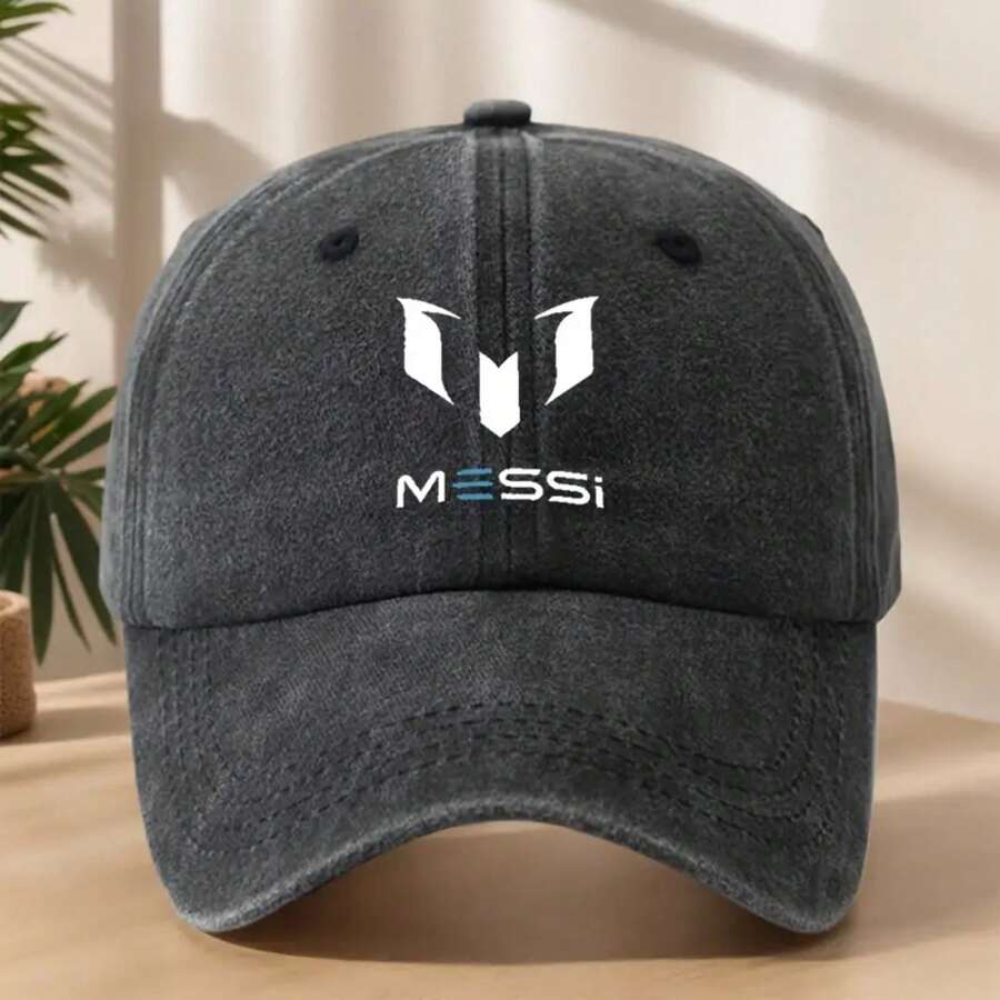 MAKEFGE MESSI Logo Baseball Cap - Vintage Washed Look, Soft & Comfortable, Breathable Sweat-Absorbent Hat For Outdoor Sports, Adjustable Fit For Men & Women, Black With White Embroidery, Lightweight Polyester, Spring/Summer Fashion Accessory, Adjustable Baseball Cap| Stylish Headgear| Polyester Cap, Baseball Hat - màu đen - Xem 1