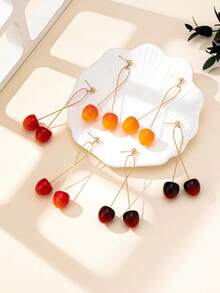 1 Pair Cherry Fruit Long Earrings, Suitable For Daily Wear - Red - View 3