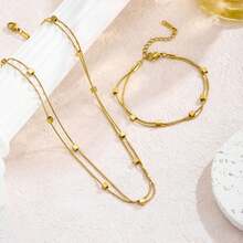 2 Piece Set High Quality Women's Simple Gold Three-Dimensional Small Square Double-Layer Snake Bone Bracelet 18K Stainless Steel Not Fade Fashion - 金色 - 查看 1